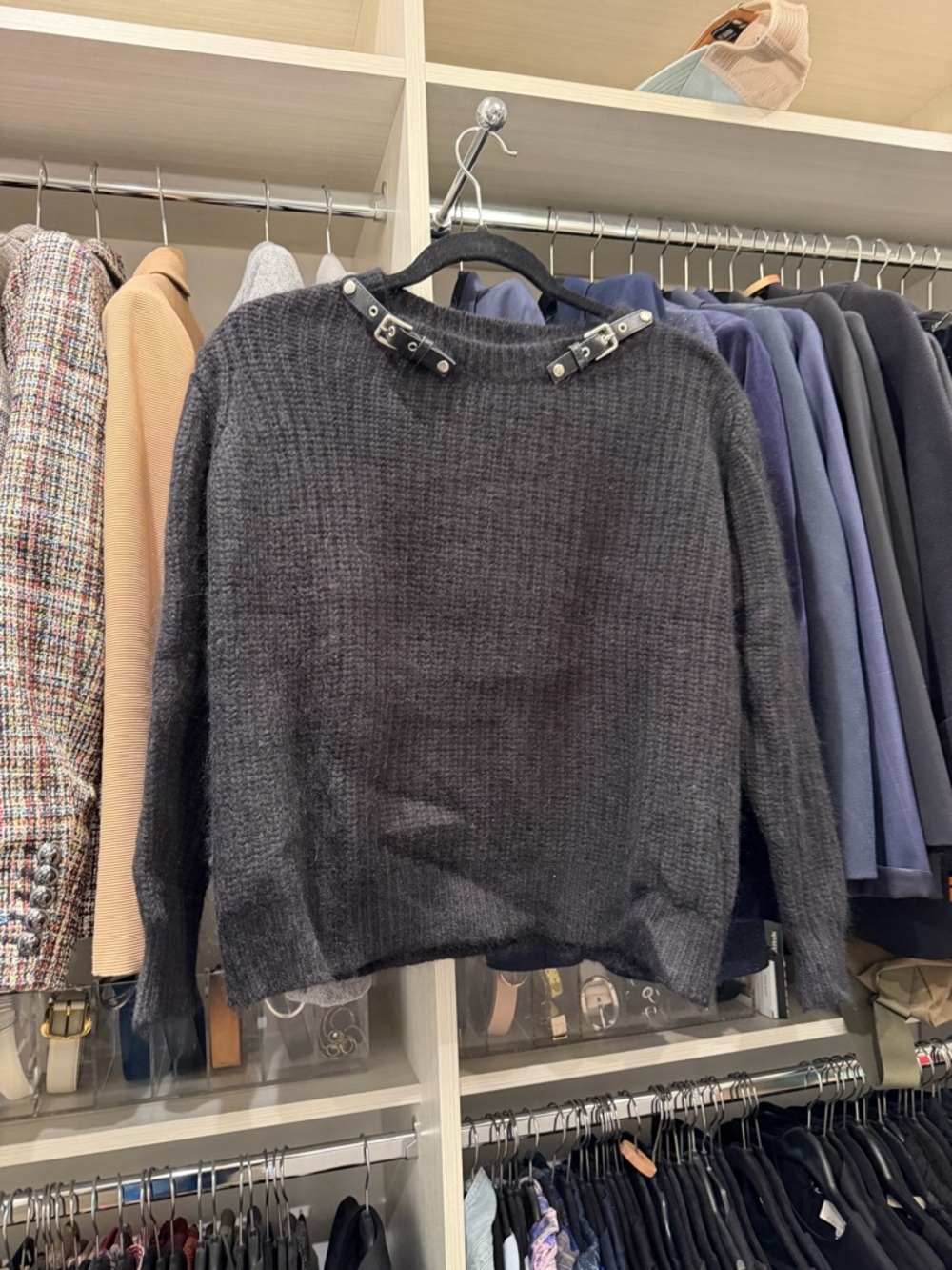 The Kooples Black Crewneck Knit Sweater with Buckle Detail